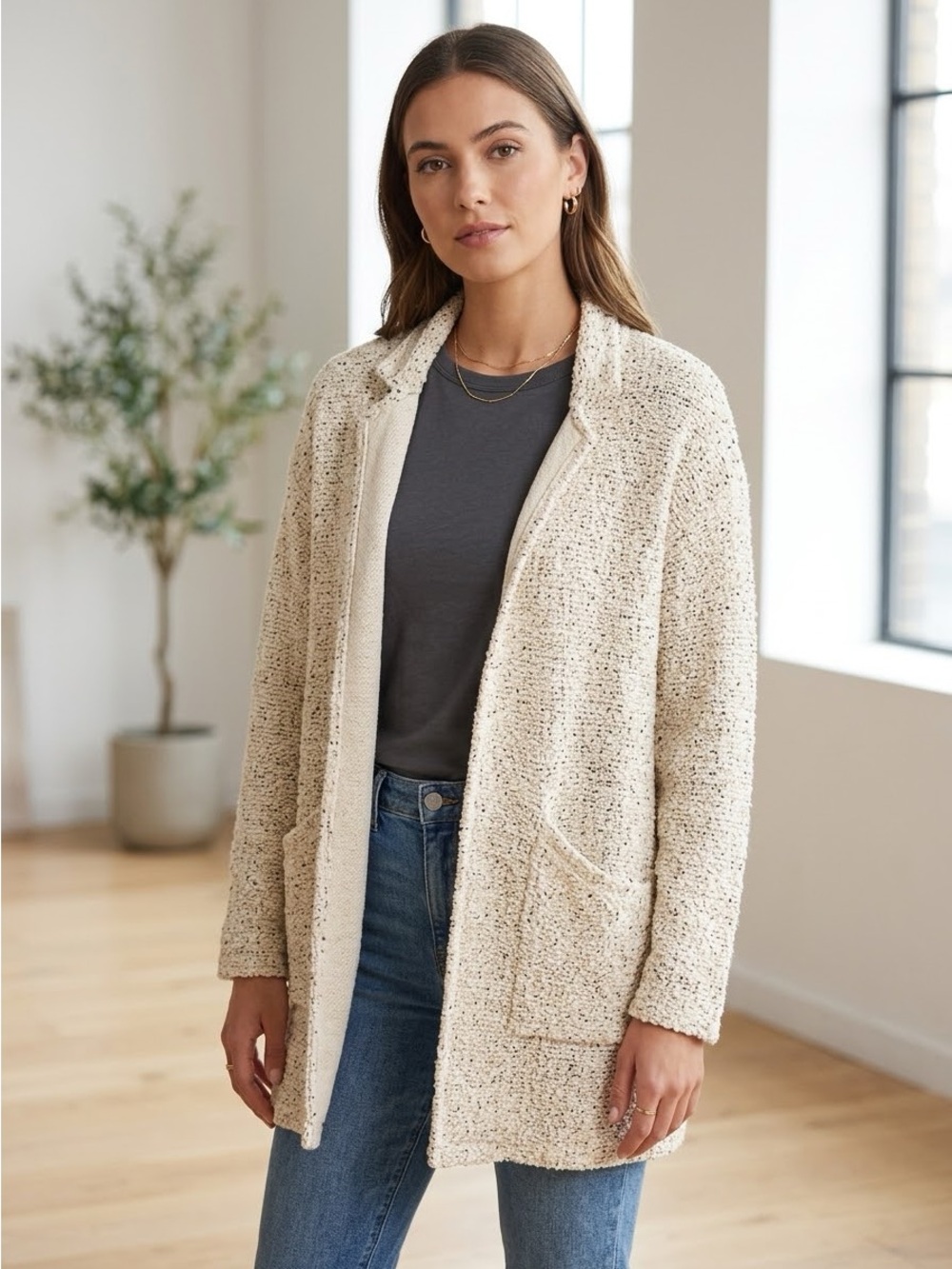 Paper Crane Tweed Open Front Cardigan Sweater Size L Beige Cream Pockets